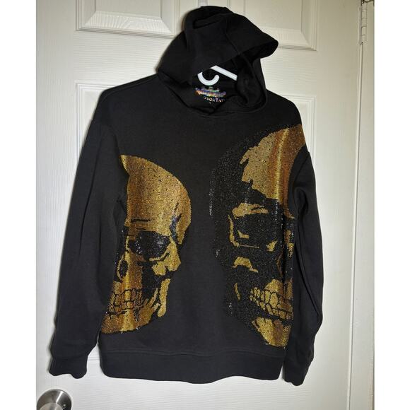 Heads or Tails Long Sleeve Hoodie (Blinged Gold Skulls) Black women's Sz Small - Picture 6 of 7